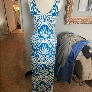 Azure Blue and White V-Neck Sleeveless Resort Maxi Dress